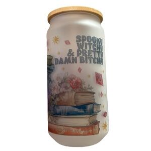 Spooky Witchy Bitchy 16 Oz Glass Can Tumbler with Straw and Bamboo Lid